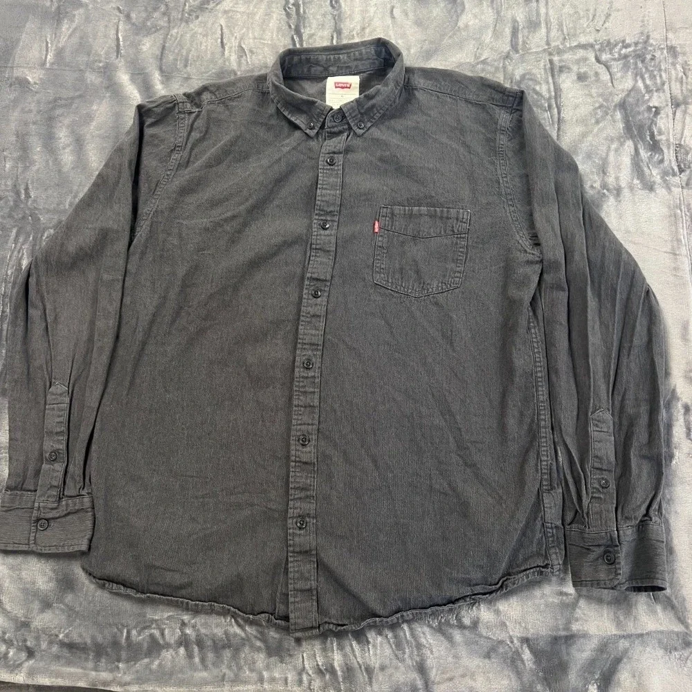 Levis Shirt Mens Extra Large Gray Cotton Logo Back Box Shirttail Hem Button Down